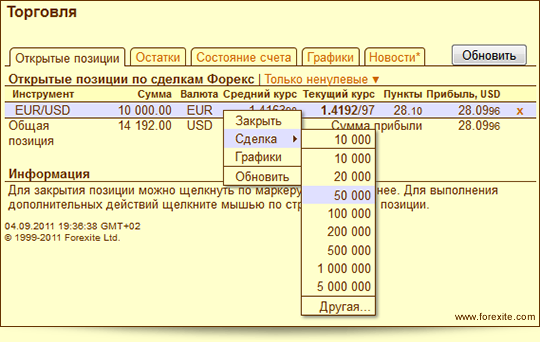 Заключение сделок форекс из таблицы просмотра открытых позиций